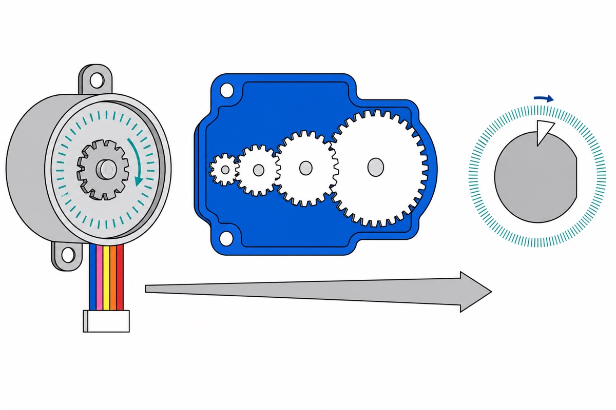 Kartun keratan rentas rotor motor stepper perak memacu empat gear plastik putih di dalam gearbox biru ke shaft output yang bertanda garis halus