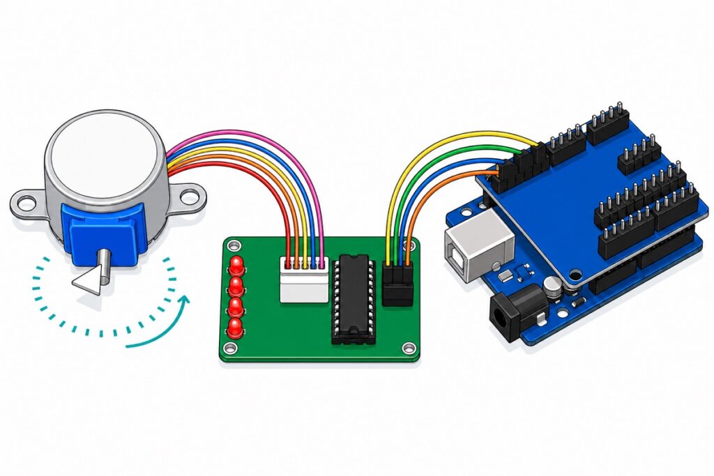 Cartoon of a silver 28BYJ-48 stepper motor with a blue gearbox wired through a green ULN2003 driver board to a blue Arduino Uno with a sensor shield