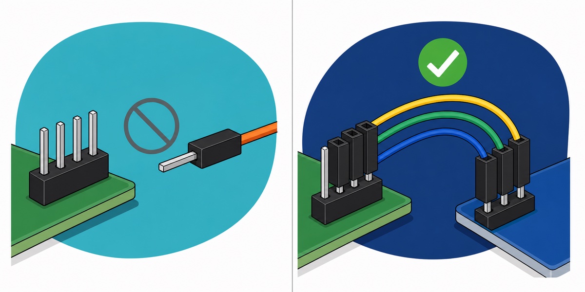 Kartun membandingkan pin header male pada board driver hijau yang tidak boleh bercantum dengan hujung male wayar jumper, berbanding wayar jumper female-to-female yang merapatkan board itu ke sensor shield biru