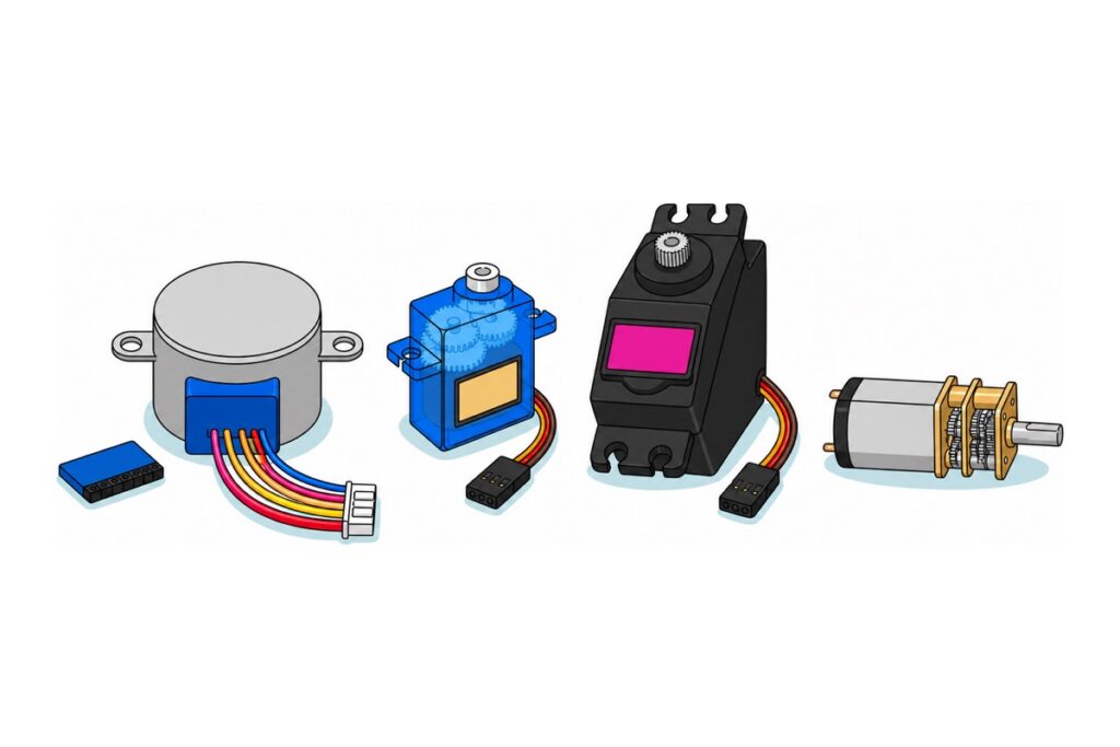 Cartoon row of four motors on white: a silver drum stepper with a blue wire block and five coloured wires, a bright translucent-blue SG90 servo, a black MG996R servo with a pink label and silver metal gear, and a small silver-and-brass N20 gear motor with two bare copper solder tabs