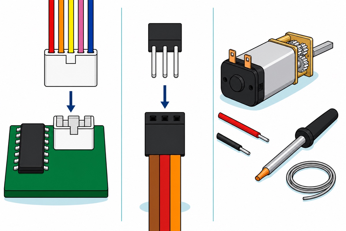 Cartoon of three close-ups: five coloured stepper wires in a white keyed plug meeting a white socket on a green driver board, a brown-red-orange servo lead ending in a black three-hole socket receiving three male pins, and a small silver motor's black end cap with two bare copper solder tabs beside loose tinned wires, a soldering iron and solder