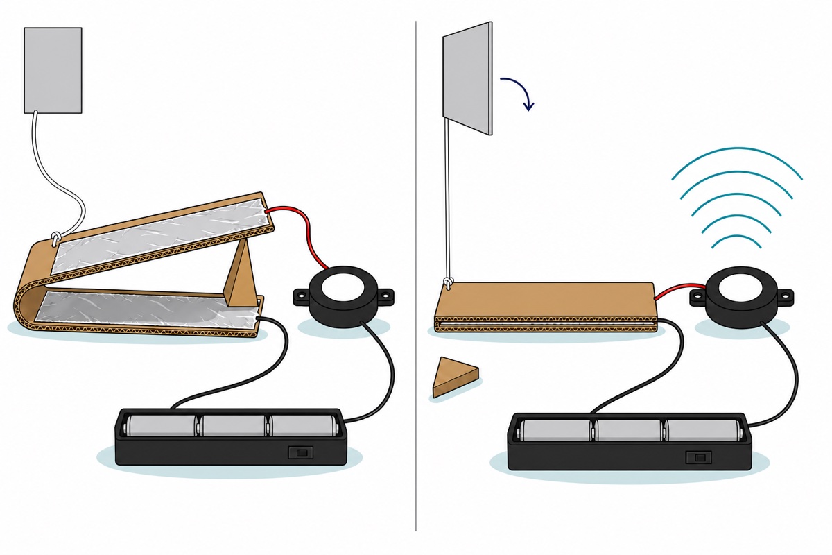 Two-panel cartoon of a door alarm switch made from brown cardboard lined with silver foil - on the left a cardboard wedge separates the two foil faces and the round black buzzer is silent, on the right a string pulls the wedge out, the foils touch and the buzzer sounds
