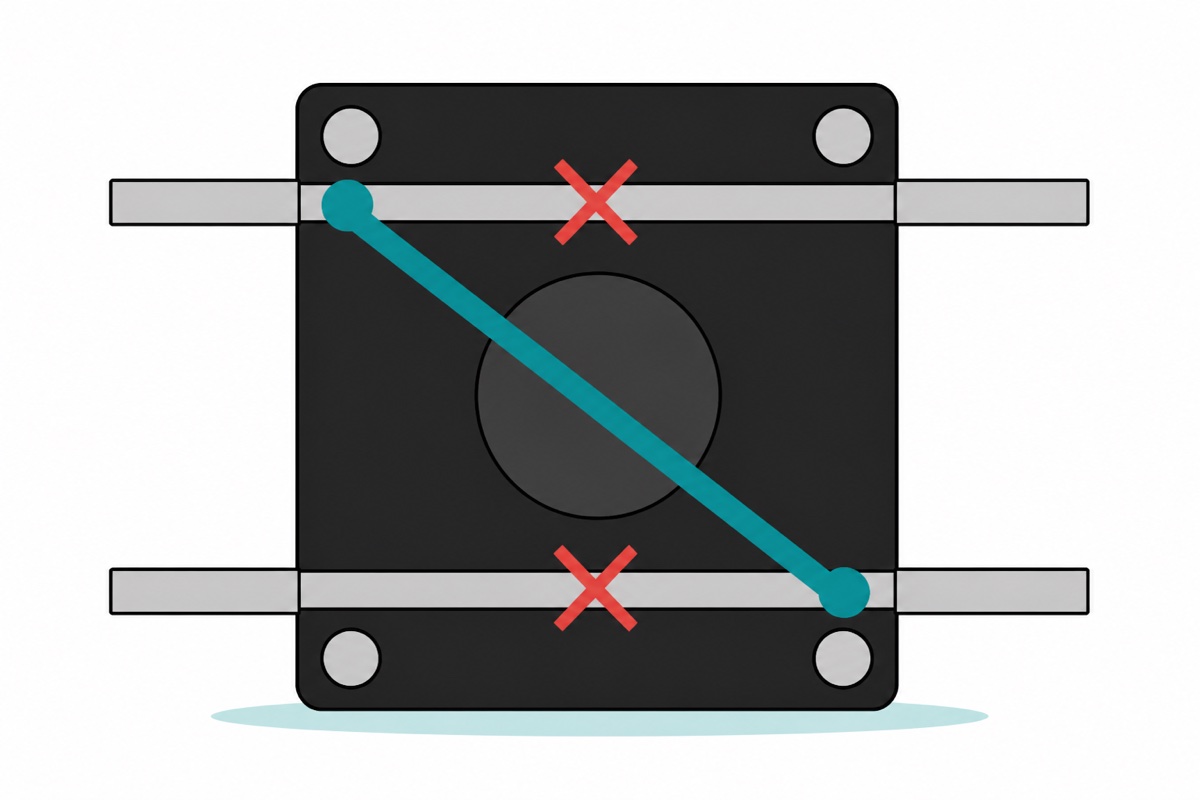 Cartoon top view of a black 6x6 tactile switch with a cutaway showing two silver internal strips, each joining one facing pair of legs, a teal line across a diagonal pair and red crosses over both facing pairs