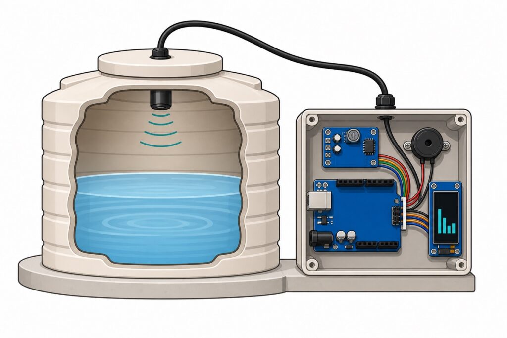 Tangki air keratan rentas dengan probe JSN-SR04T dibenam pada penutup, dan kotak kering berisi Arduino Uno, papan pemacu biru, buzzer dan OLED di luar tangki