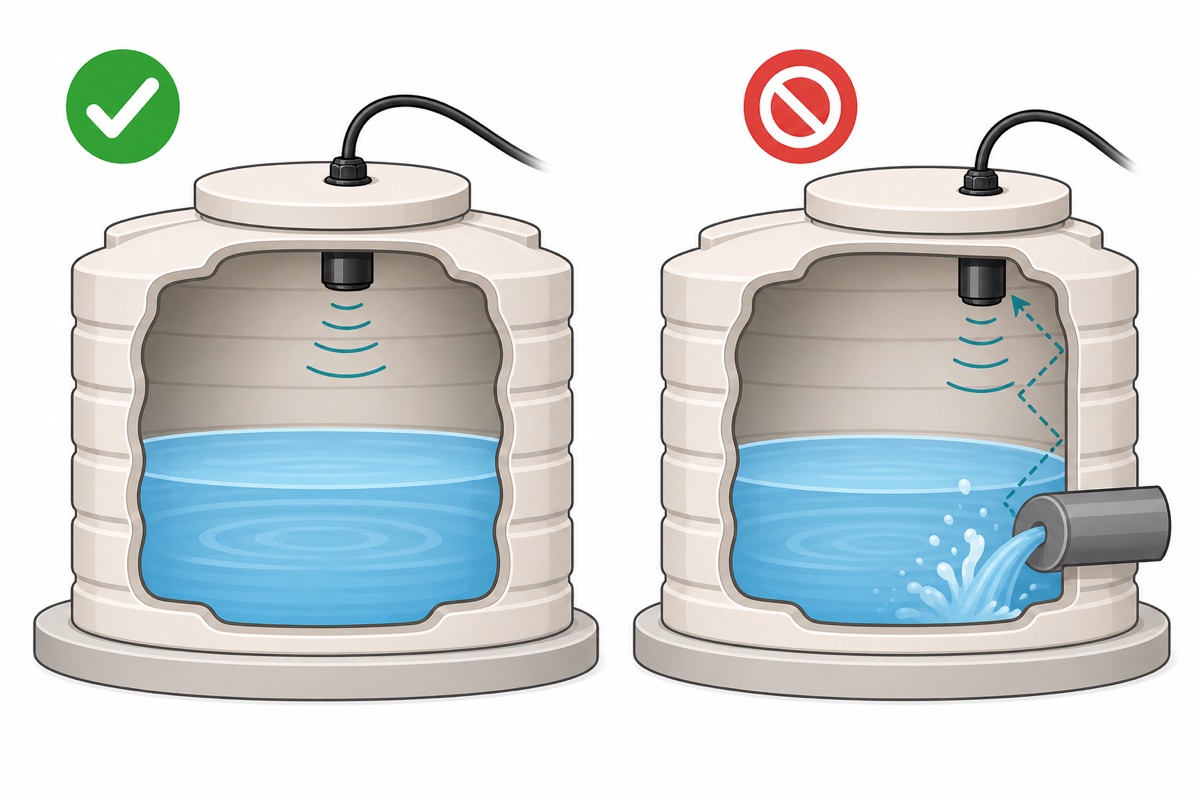 Comparison of two tanks: a probe in the centre of the lid gives stable readings, a probe near the wall above the inlet gets skewed echoes that disrupt readings