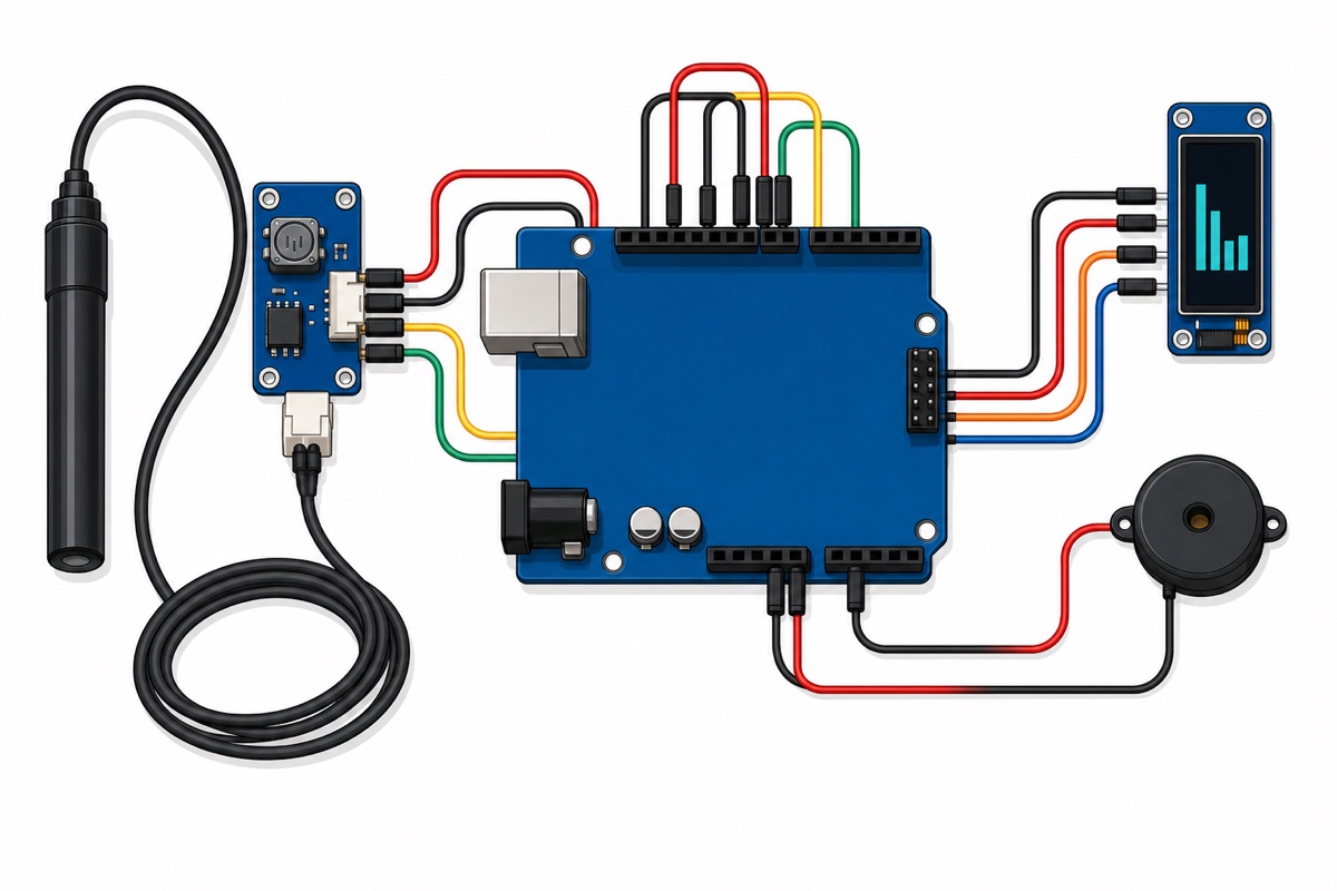 Wiring diagram of the JSN-SR04T driver board, I2C OLED and piezo buzzer connected to an Arduino Uno