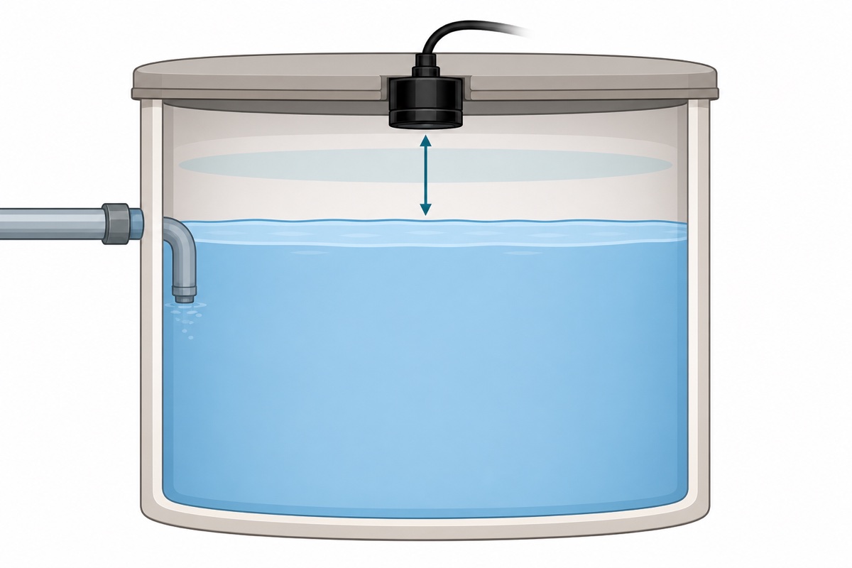Cutaway diagram of a tank showing the probe in the centre of the lid, the dead-zone band below the probe face and the full water line beneath it