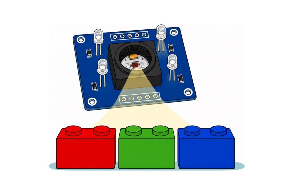 Cartoon of a deep-blue TCS230 colour sensor board with a matte-black lens holder and four clear white LEDs shining a cone of light down onto bright red, green and blue plastic bricks