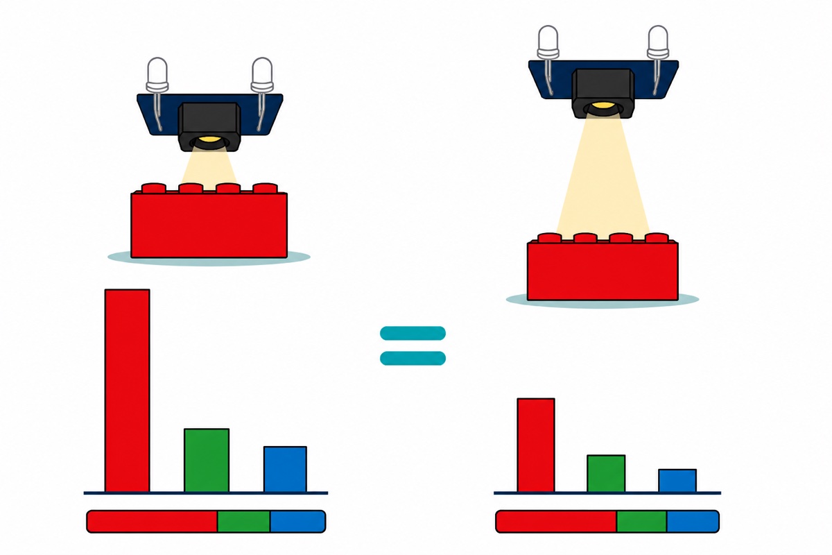 Cartoon comparison of a red brick close to and far from a deep-blue TCS230 sensor, with tall and short red green blue bar groups below that share identical proportions