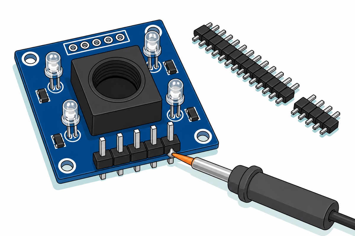 Cartoon of a deep-blue TCS230 board with a matte-black lens holder and four clear LEDs, one row of holes still bare and the other fitted with a black male header strip being soldered by a glowing orange iron tip