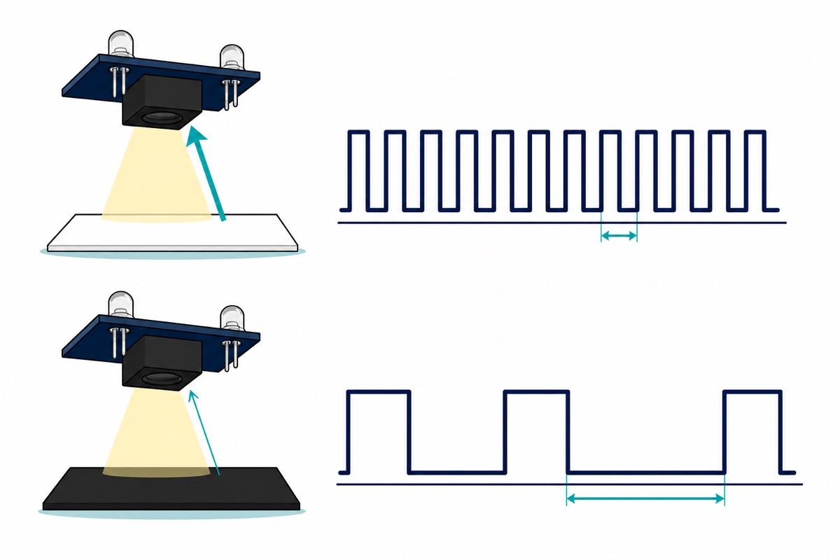 Cartoon comparison showing a deep-blue TCS230 sensor over a white card producing a tightly packed navy square wave with a short measured low pulse, and over a black card producing a stretched-out wave with a long measured low pulse