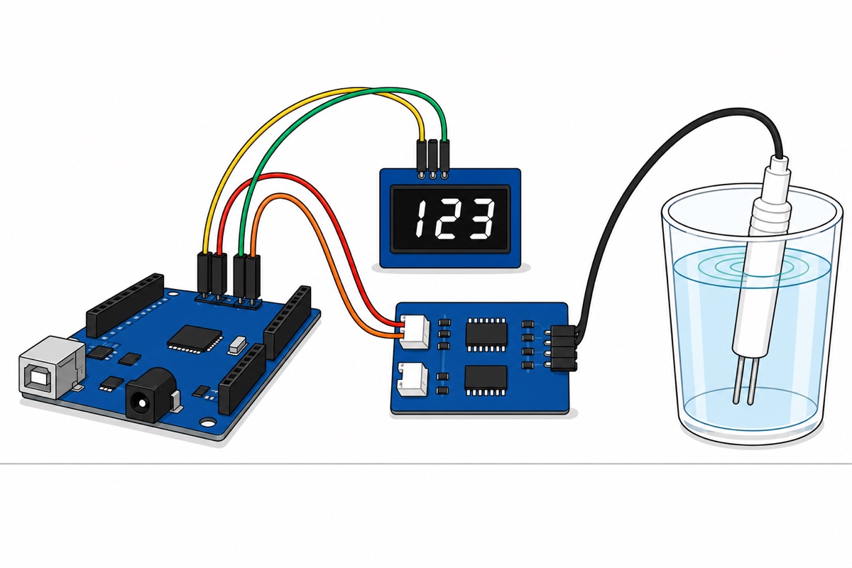 Cartoon of the finished TDS meter build — a blue Arduino Uno wired to a TDS board and an OLED showing digits, with the white probe dipped into a glass of water