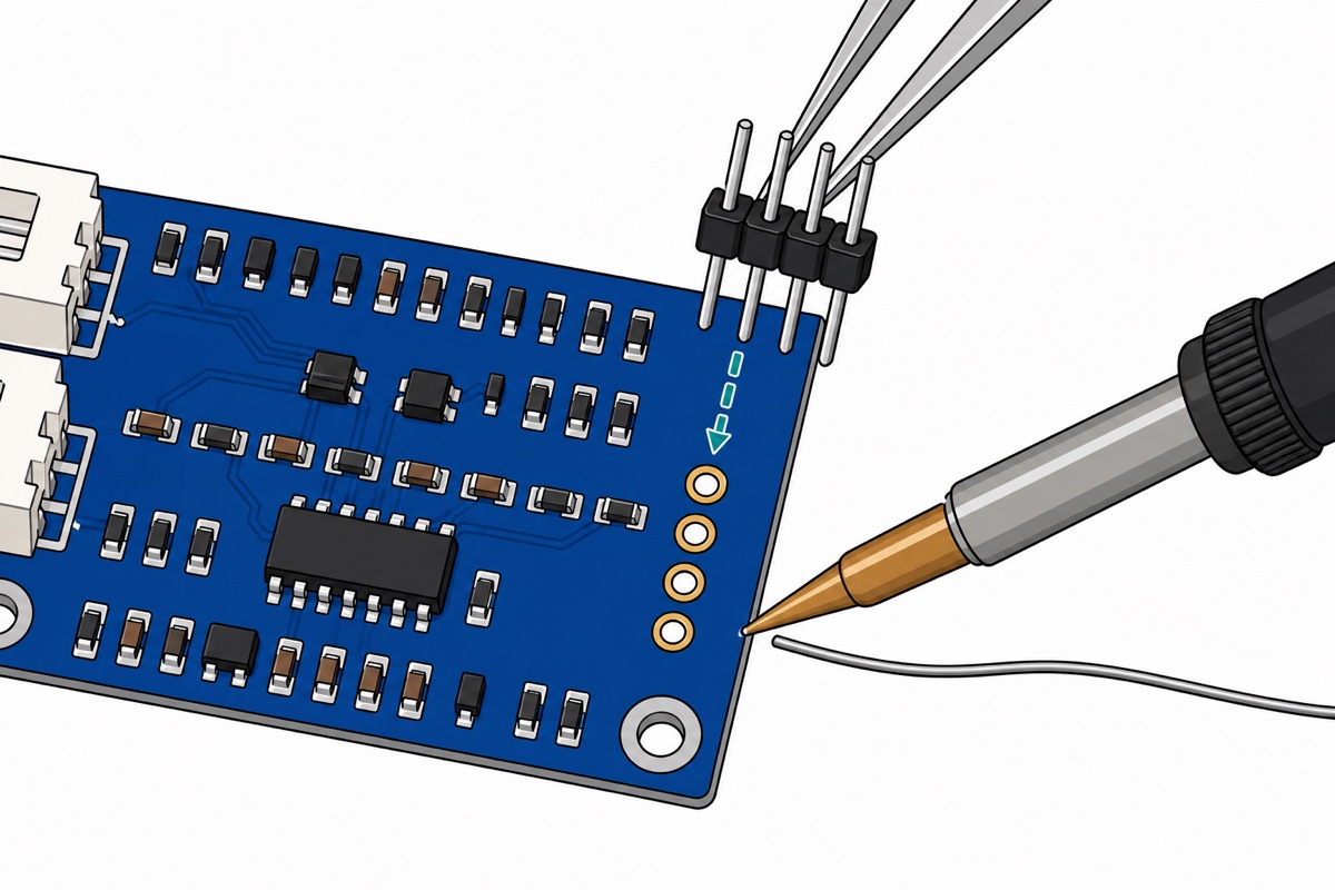 Cartoon close-up of a blue TDS board with four empty pad holes, tweezers holding a 4-pin male header above it and a soldering iron approaching from the right
