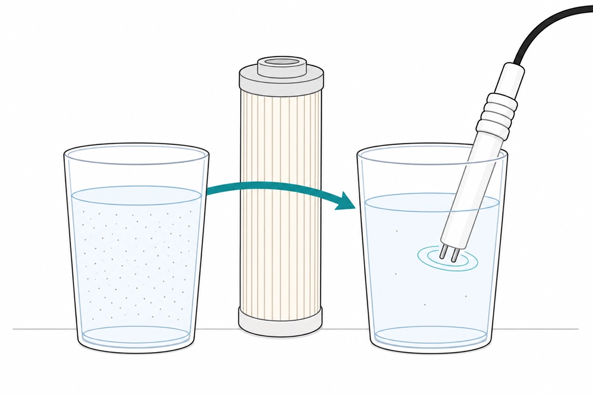 Cartoon of two glasses of water with a cream filter between them, a teal arrow flowing from the speckled glass to the clean one, and a white TDS probe dipped into the second glass