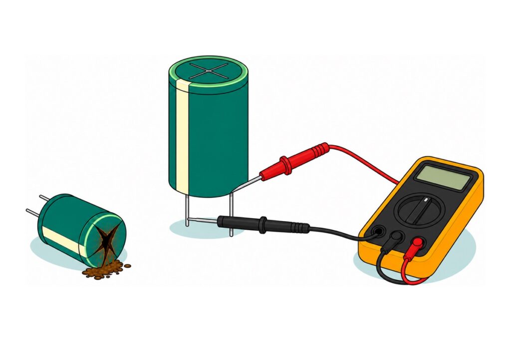 Cartoon of a large green-sleeved electrolytic capacitor with red and black multimeter probes on its silver legs, an orange-yellow handheld multimeter beside it, and a burst brown-stained capacitor lying nearby