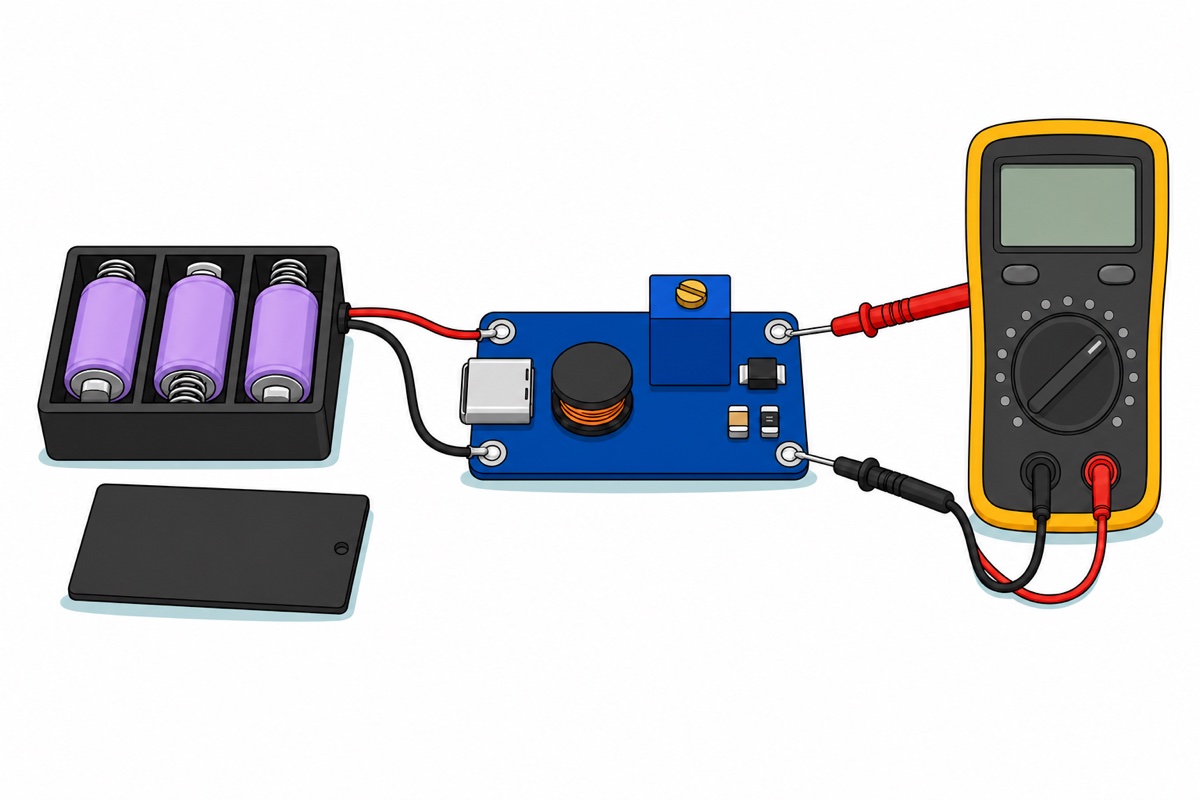 Cartoon of a black three-slot AA holder filled with lavender-purple cells, its red and black leads soldered to the input pads of a small blue boost converter board with a blue trimmer and brass screw, and a yellow multimeter's red and black probes touching the board's output pads