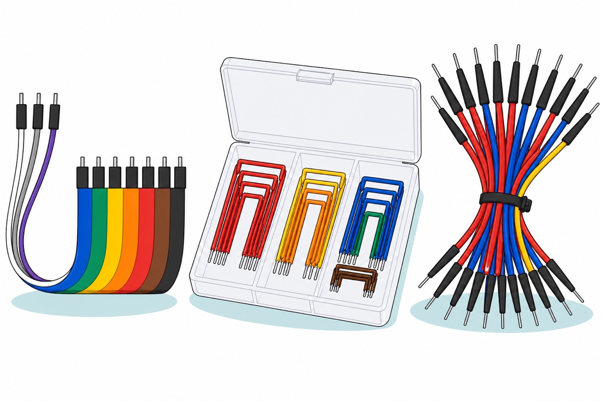 Cartoon of three kinds of breadboard wire - a rainbow Dupont ribbon with wires peeling apart, a clear case of rigid coloured U-shaped jumpers, and a zip-tied bundle of red and blue booted male-to-male wires