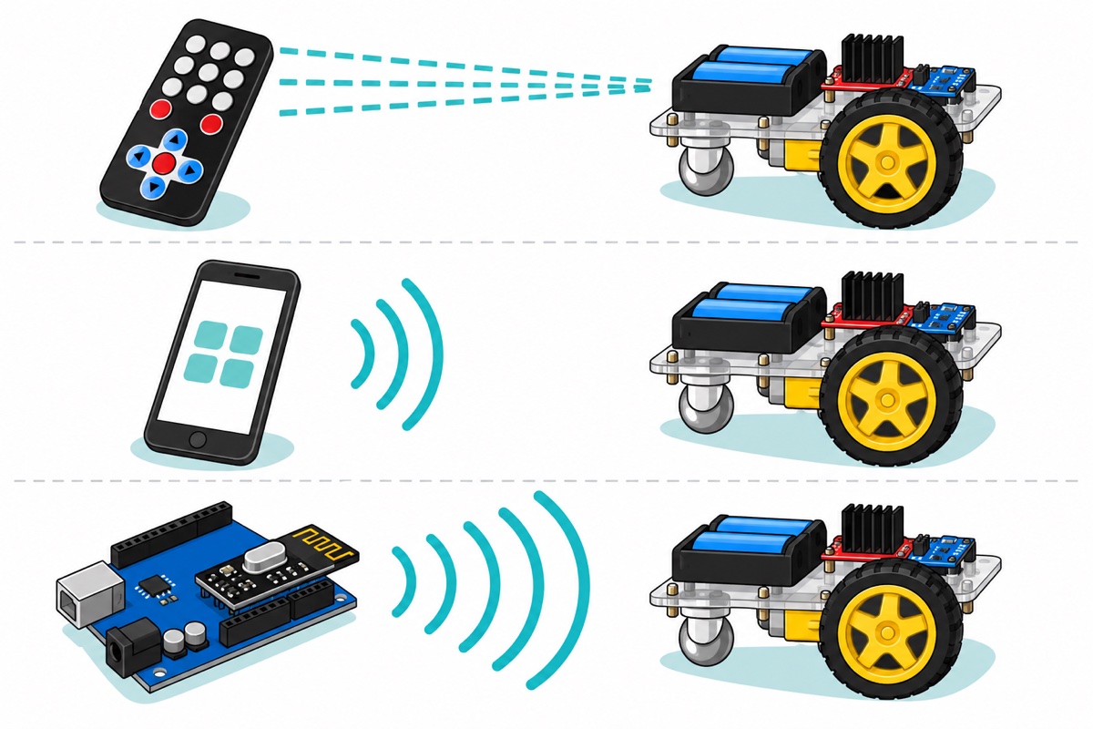 Cartoon three-row comparison; top row a black remote sending a narrow straight dashed beam, middle row a phone with medium signal arcs, bottom row a blue Arduino board with a black nRF24L01 radio module and large signal arcs, all three aimed at the same two-wheel robot car