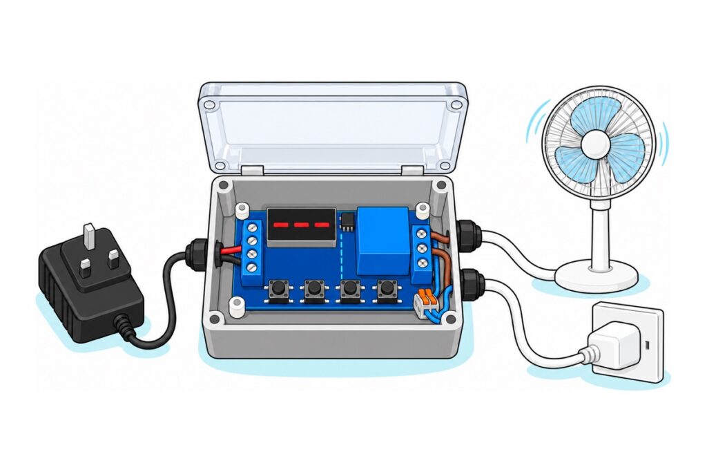 Cartoon of a royal-blue timer relay module inside an open grey plastic enclosure, powered by a small black plug adapter on the left and switching a white stand fan through two white mains cables on the right