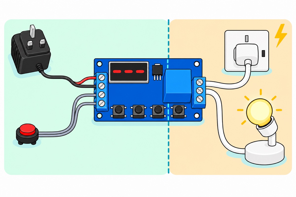 Cartoon of a royal-blue timer relay module divided by a dashed line, a black plug adapter and red push button wired to the low-voltage left side, and a white mains cable to a glowing desk lamp on the right contact side