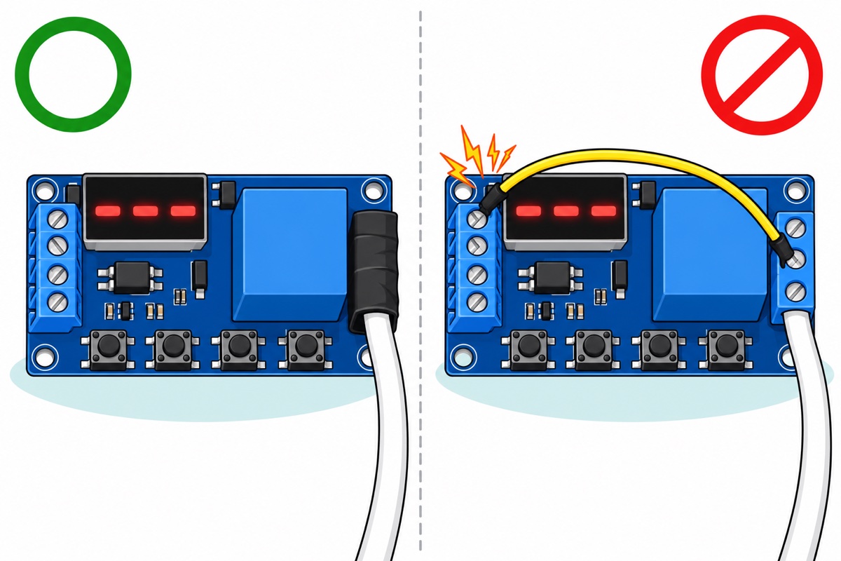 Comparison cartoon of two royal-blue timer relay boards; the left one has a white mains cable on its right terminal, taped screw heads and a green circle, the right one has a yellow jumper bridging both terminal blocks with orange sparks and a red crossed-out circle
