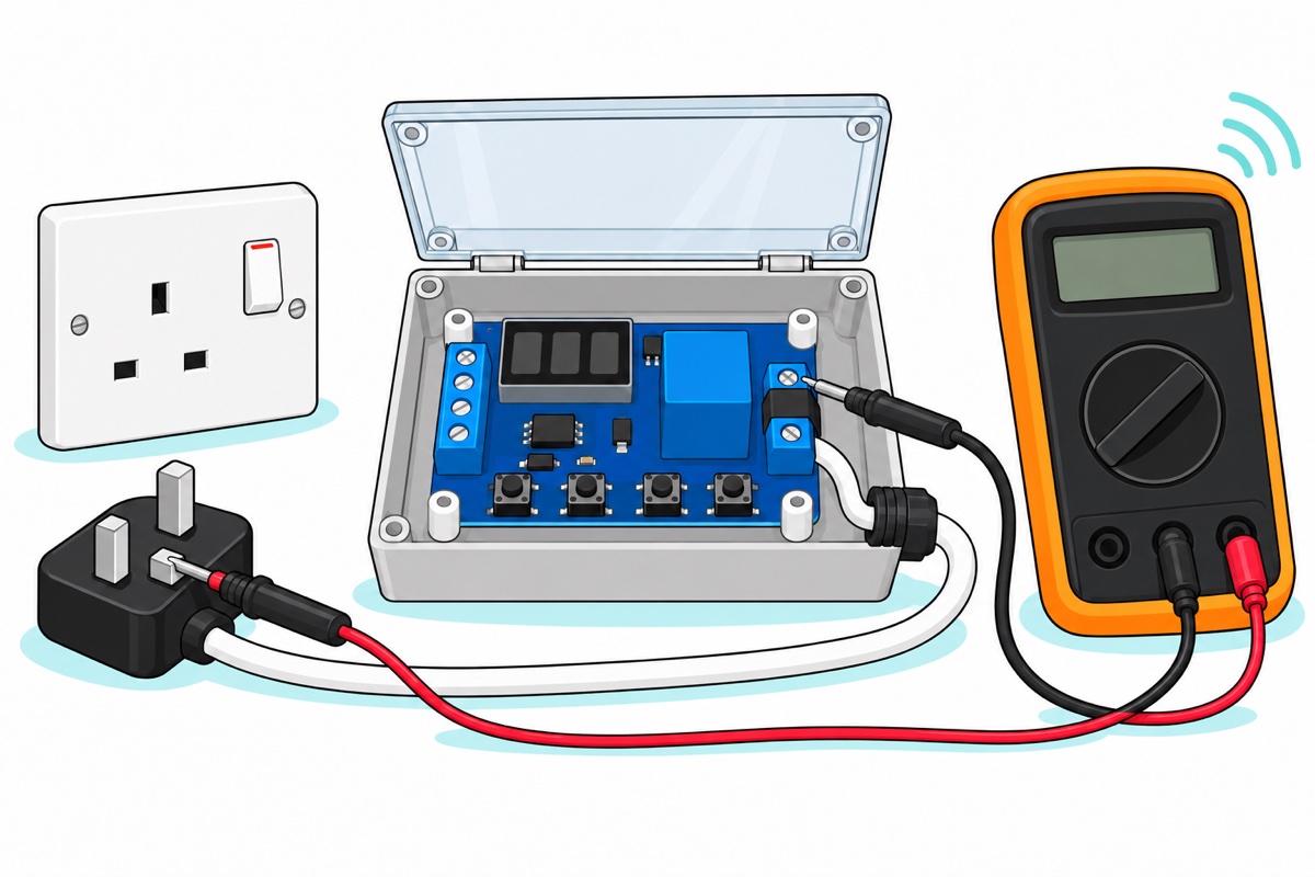 Cartoon of an unplugged black mains plug beside an empty wall socket, an open grey enclosure with a royal-blue timer relay board, and an orange-holstered multimeter testing continuity from a plug pin into the box