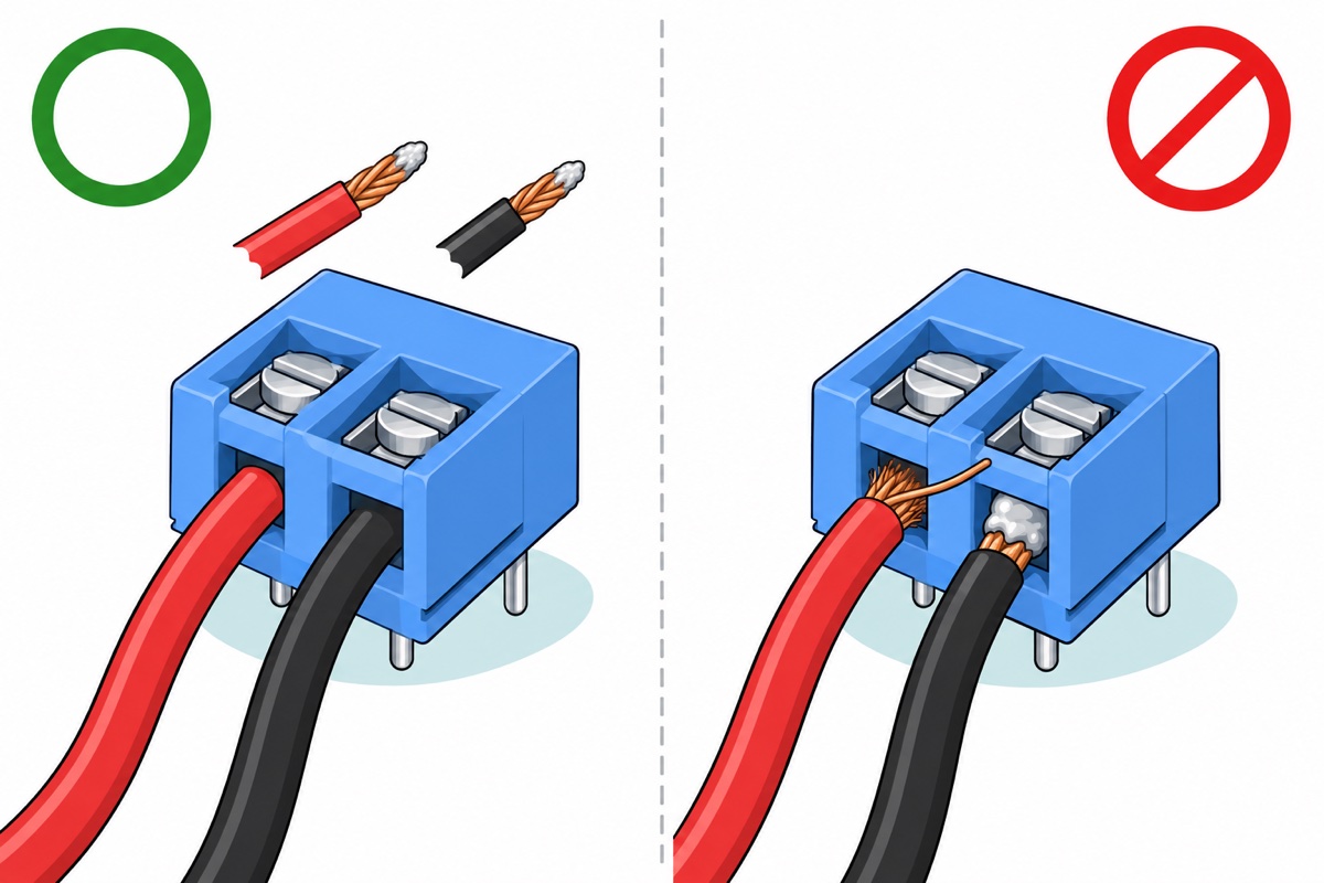Comparison cartoon of two small blue screw terminals; on the left red and black wires enter neatly with thinly tinned ends and a green circle, on the right a stray copper strand touches the neighbouring wire and a heavily tinned wire sits beside a red crossed-out circle