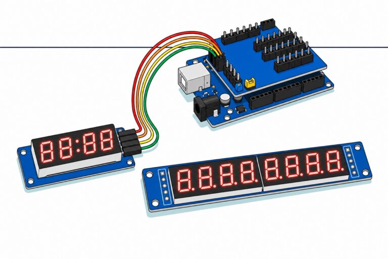 Cartoon of a blue TM1637 four-digit display with a red colon wired by four jumper leads to a blue Arduino Uno with a sensor shield, beside a long blue MAX7219 eight-digit display whose five input pads are still bare