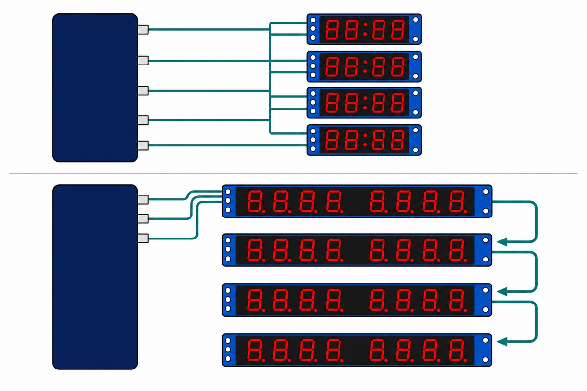 Cartoon concept diagram comparing five wires fanning out to four small red-digit displays against three wires feeding a daisy chain of four long eight-digit displays