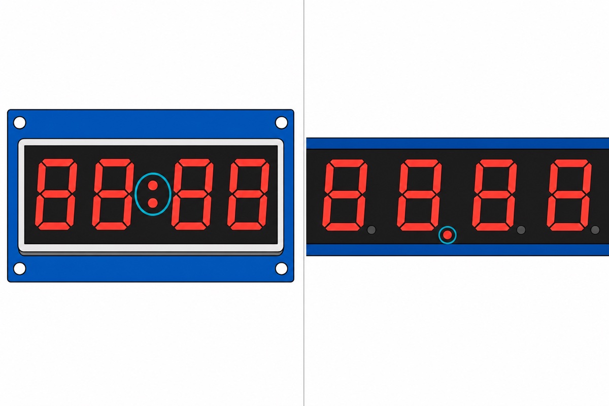 Cartoon close-up comparing a red lit colon on a small blue four-digit display against a red lit decimal point on a long blue eight-digit display