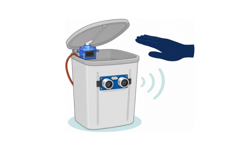 Kartun tong sampah kelabu dengan penutup terbuka diangkat oleh servo biru lut sinar di engsel, dan sensor ultrasonik biru berpita hitam di hadapan tong mengesan tangan