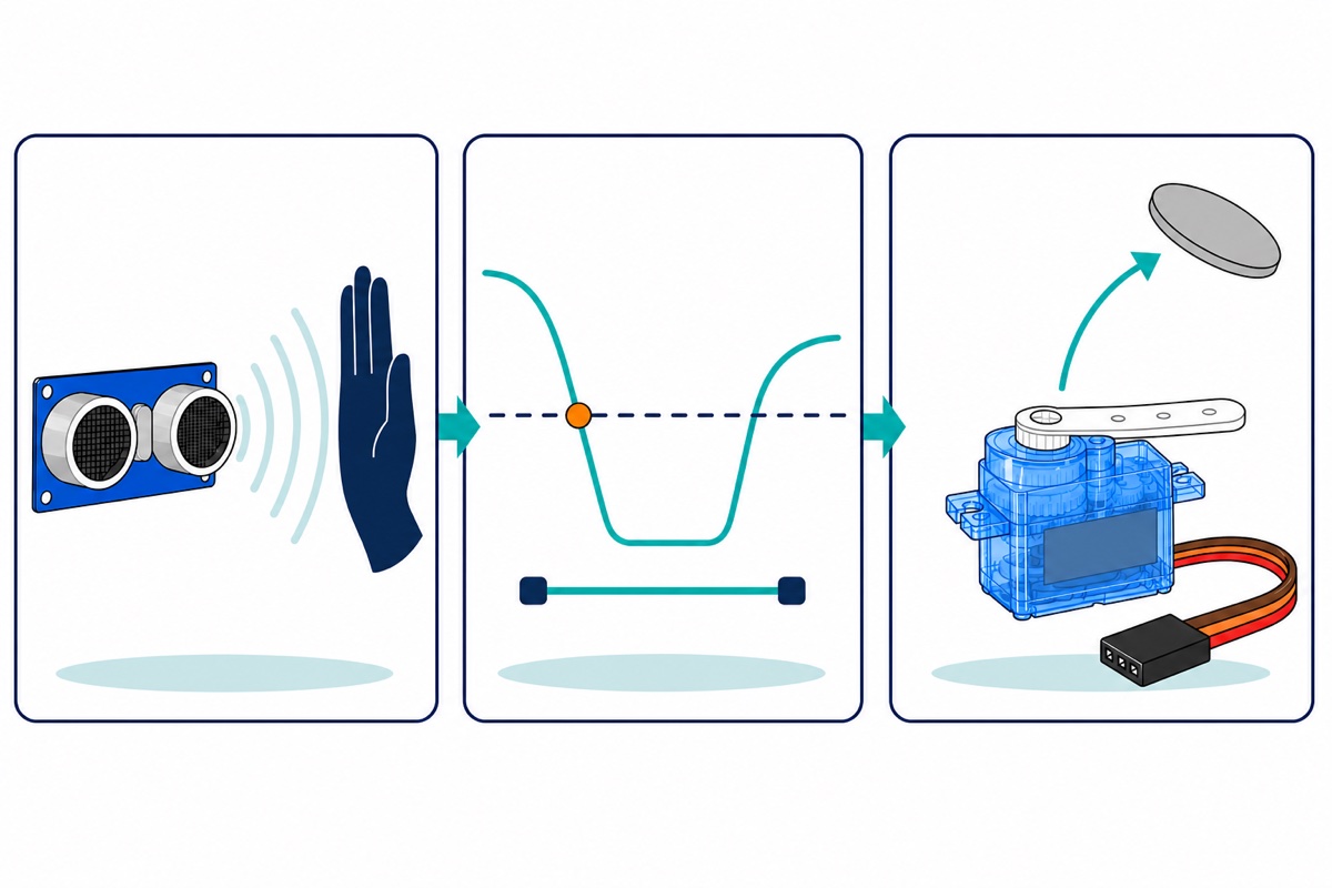 Three-panel cartoon diagram showing a blue ultrasonic sensor detecting a hand, a teal curve crossing a dashed threshold line with a timer, and a translucent blue servo lifting a grey lid