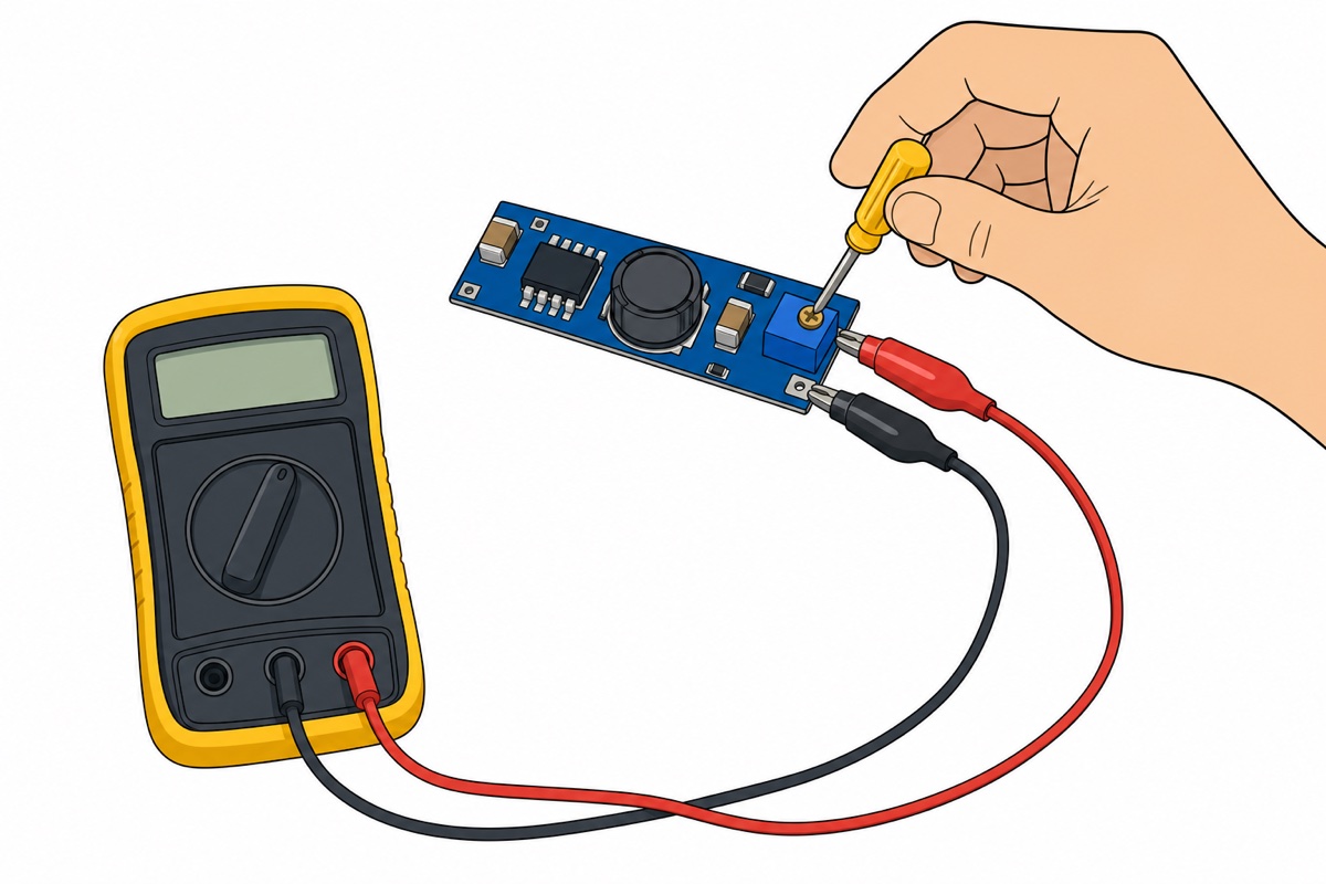 Adjusting an MT3608 boost converter with a small screwdriver on the blue trimmer while multimeter probes read the output voltage live