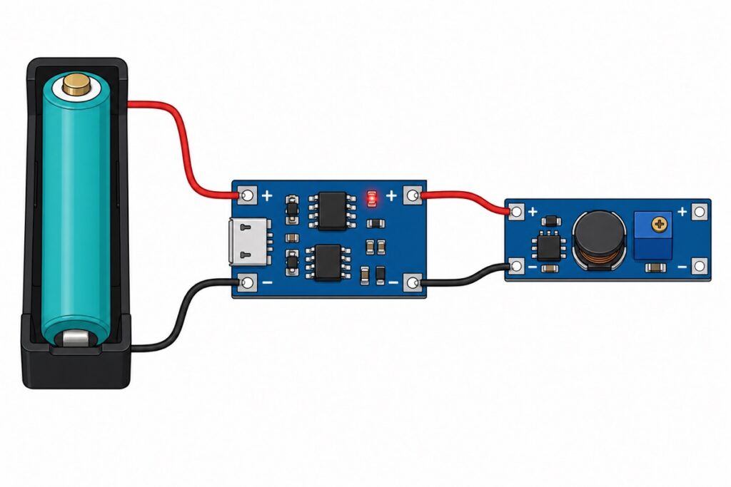 An 18650 lithium cell in a single-slot holder wired to a TP4056 charging module, which feeds an MT3608 boost converter that steps 3.7V up to 5V