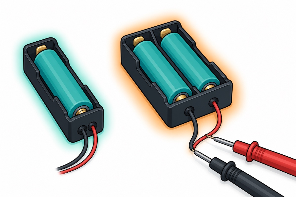 A single-slot 18650 holder next to a two-slot holder, with multimeter probes checking the two-slot holder's output voltage before connecting it