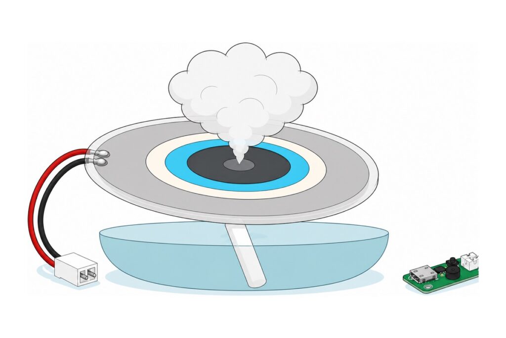 Cartoon of a large ultrasonic mist maker disc with a bright sky-blue ceramic ring and dark grey mesh centre set in a translucent white silicone gasket, red and black leads running to a small white two-pin plug, a white mist plume rising from its centre above a shallow bowl of pale teal water with a white cotton wick leaning up to touch it, and the small green driver board at the lower right