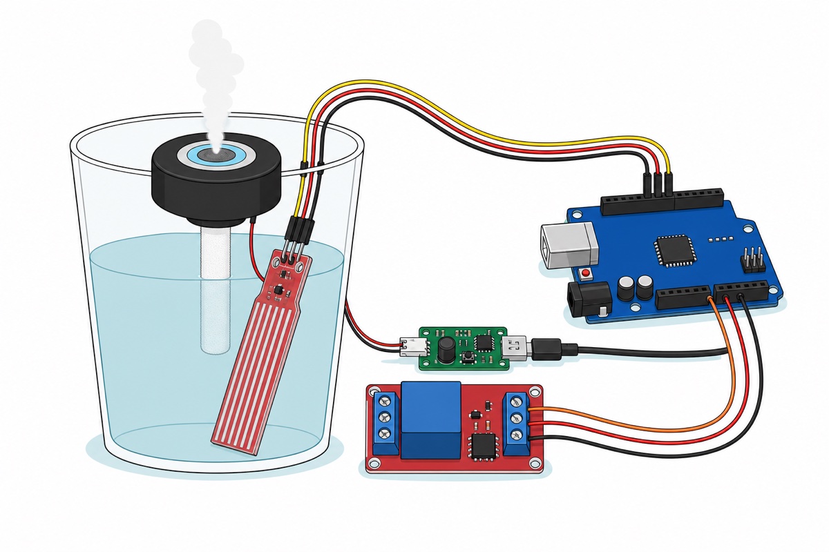 Cartoon of a glass of water with a red HW-038 sensor paddle standing in it and a black housing on the rim holding a mist disc with a white wick, mist rising, and a small blue Arduino, red relay board and green driver board wired beside it