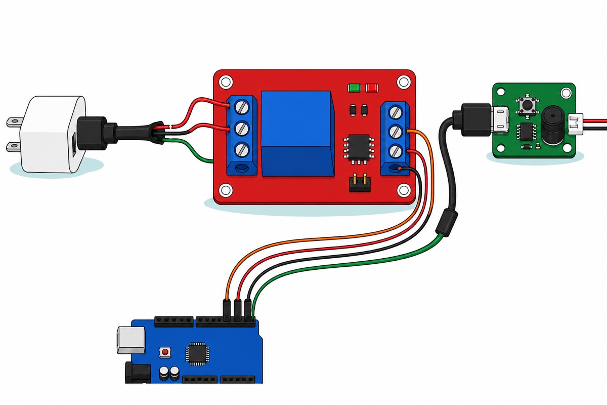 Cartoon power-path diagram showing a white USB charger, a black cable with its red conductor cut and screwed into the blue terminals of a red relay board with a blue relay cube, the cable continuing to a green driver board, and a small blue Arduino wired to the relay's other terminal block