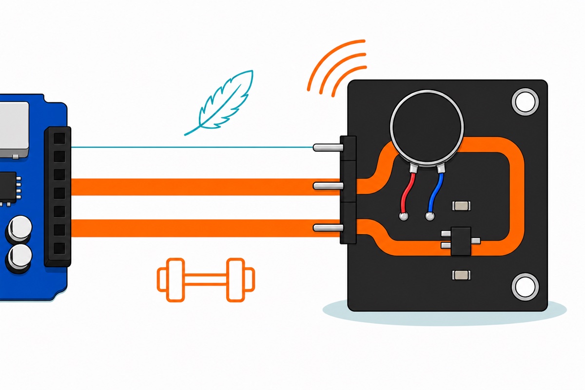 Cartoon diagram of a square black coin-motor module fed by three paths from a cropped blue Arduino - one hairline teal signal path marked by a feather pictogram and two thick orange current paths marked by a dumbbell pictogram, the orange loop running through the black coin motor and the small black transistor on the board