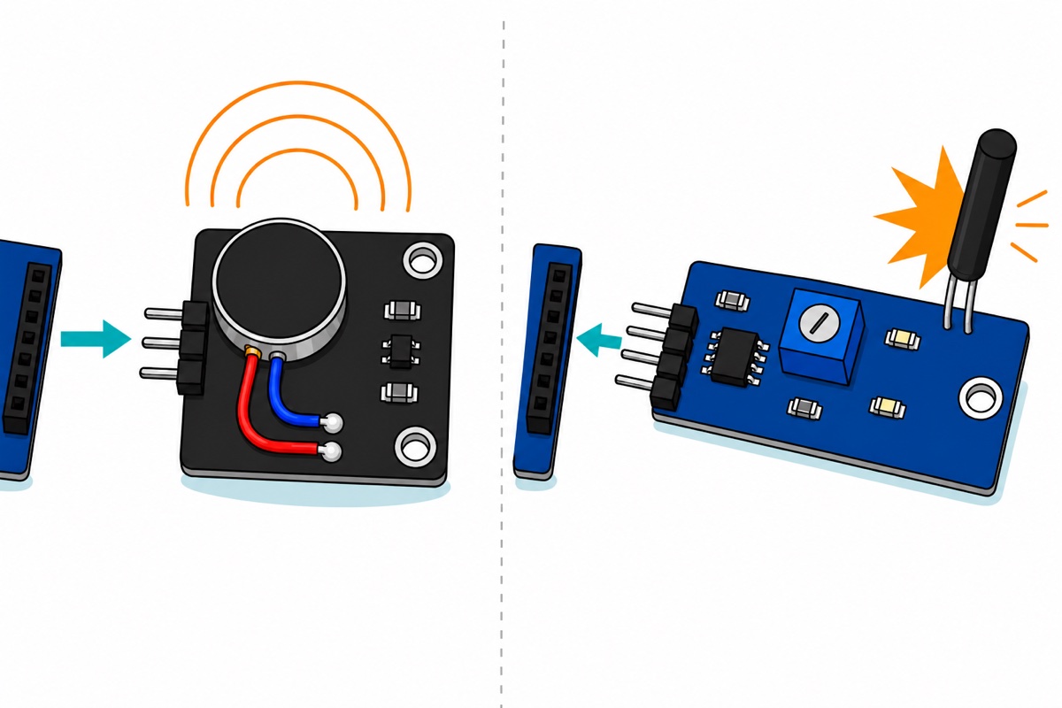 Cartoon comparison with a square black coin-motor module on the left receiving a teal arrow from a cropped blue Arduino and radiating orange waves, and an elongated blue sensor module with a black spring tube on the right being struck by an orange impact and sending a teal arrow back to the board