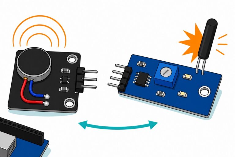 Cartoon of two vibration modules on white - a square black board carrying a round black coin motor with orange waves radiating from it, beside an elongated blue board with a black cylindrical spring-switch tube, a blue trimmer and a small chip, struck by an orange impact mark - with the corner of a blue Arduino Uno cropped at the lower left