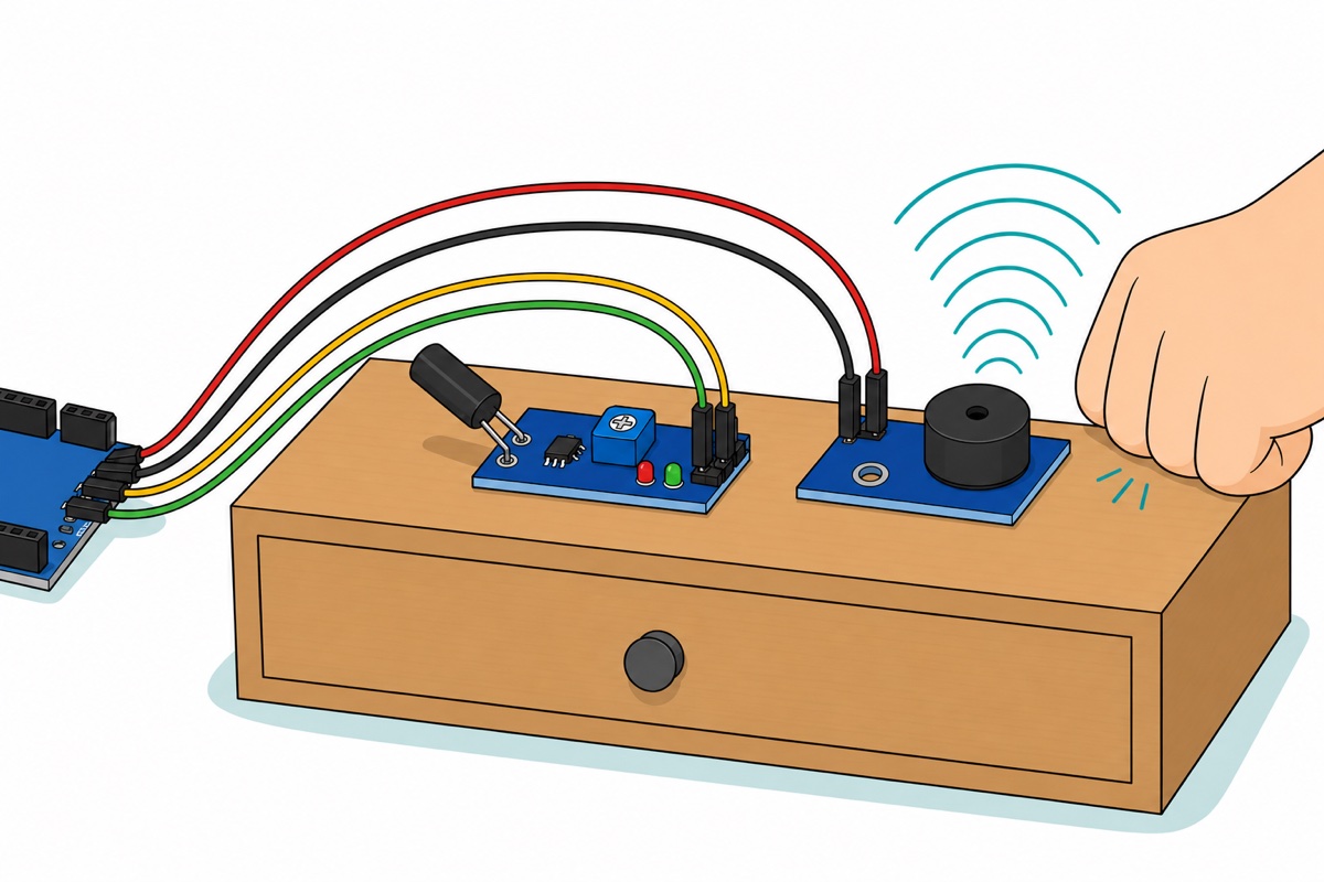 Cartoon desk build of a wooden drawer carrying a blue vibration sensor module and a blue buzzer module emitting teal sound arcs, wired to a small blue Arduino board cropped at the frame edge, with a hand tapping the drawer