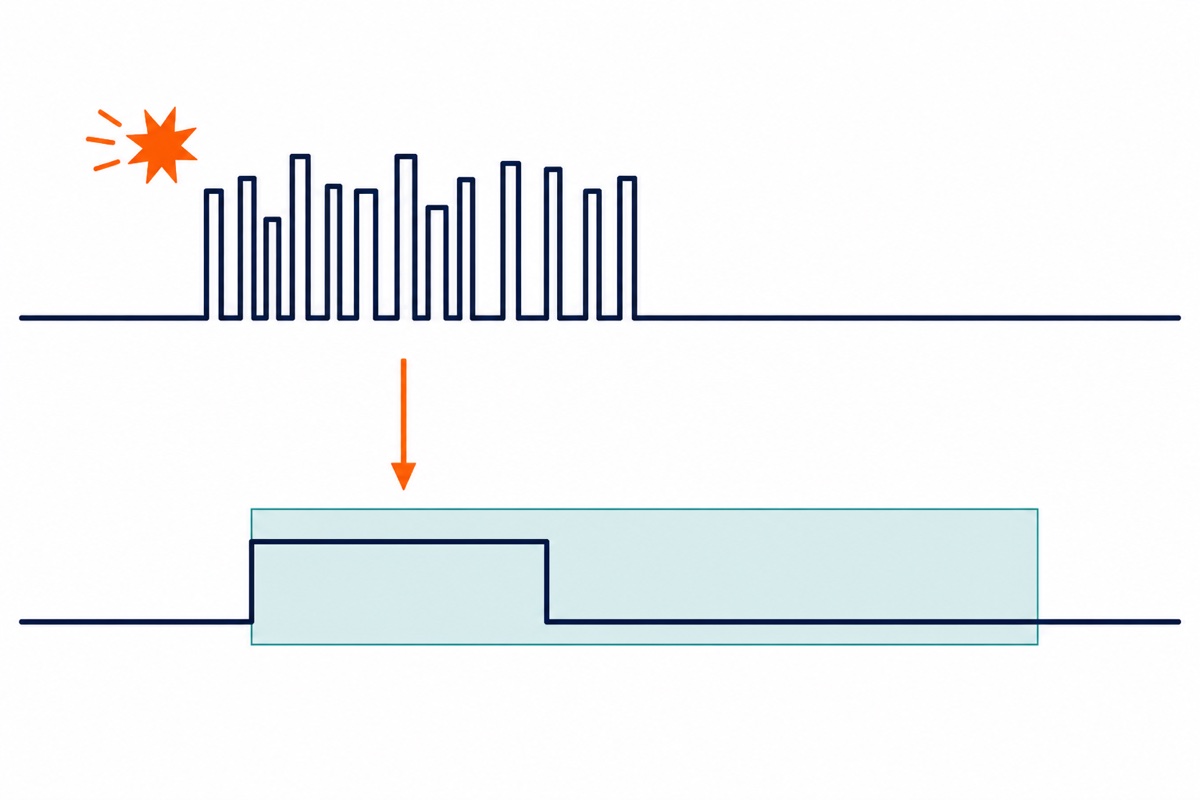Cartoon timing diagram with an upper navy trace showing a single orange impact producing a dense ragged burst of narrow tall pulses, and a lower navy trace showing one clean wide block beneath it with a pale teal shaded lockout band extending to its right