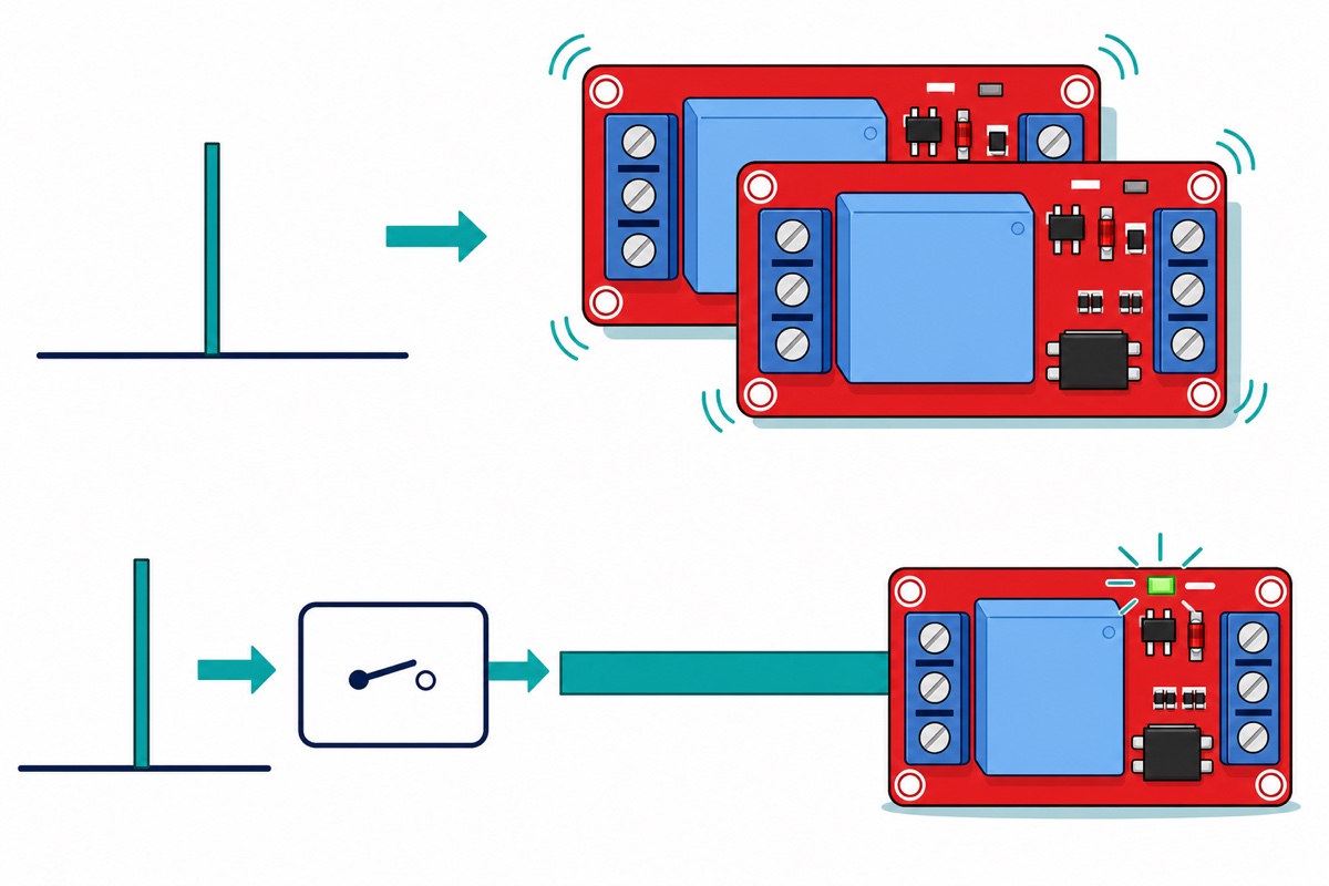 Cartoon comparison of a narrow teal pulse driving a red relay module drawn flickering and doubled, above the same pulse passing through a navy latch box to produce a long steady pulse and a single solid relay module with a brightly lit green LED