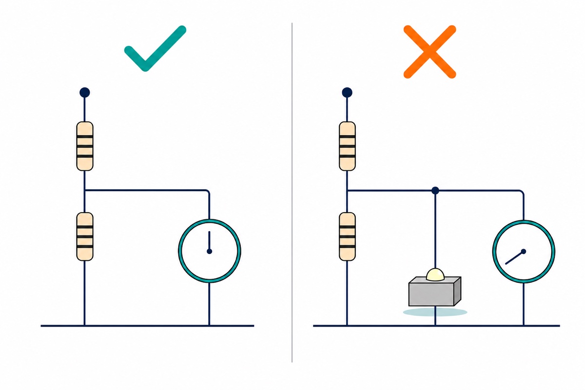 Cartoon showing a two-resistor divider with a teal gauge needle pointing straight up and a teal tick when unloaded, beside the same divider feeding a grey box with a dim yellow lamp where the needle has swung low and an orange cross floats above