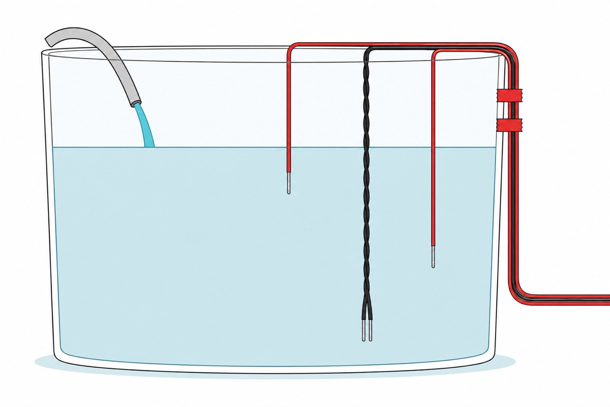 Cutaway cartoon of a water tank with two red probe wires ending at two different depths and a pair of twisted black wires reaching the bottom, all hanging free in the water, with red insulation tape holding the wires to the outside wall above the waterline