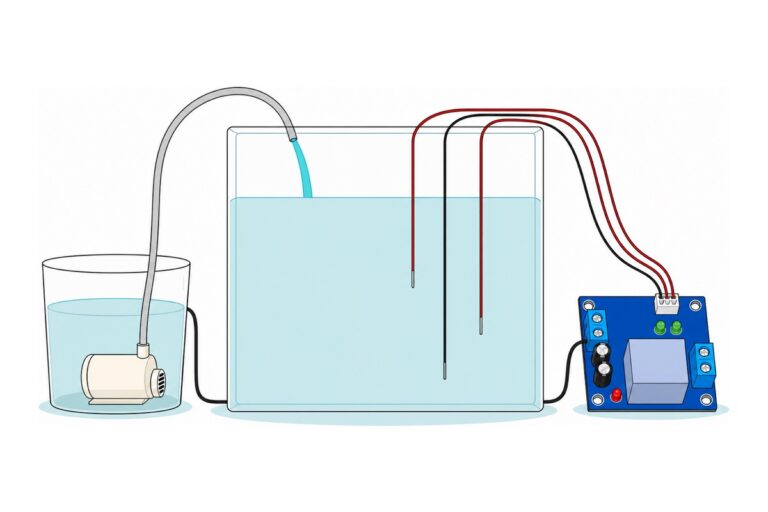 Cartoon of a small bucket on the left holding a submerged cream-white pump, a tube carrying its water across into a large clear tank of pale teal water where three probe wires hang free at different depths, and a blue water level relay controller board standing on the right