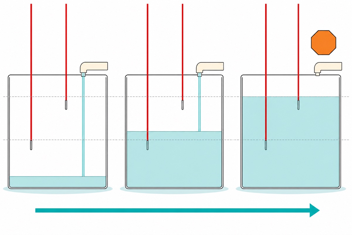 Cartoon of three clear water tanks in a row with two probe tips at fixed low and high heights, water pouring in while the level is below the low tip and while it is between the tips, and the flow stopped once the water reaches the high tip