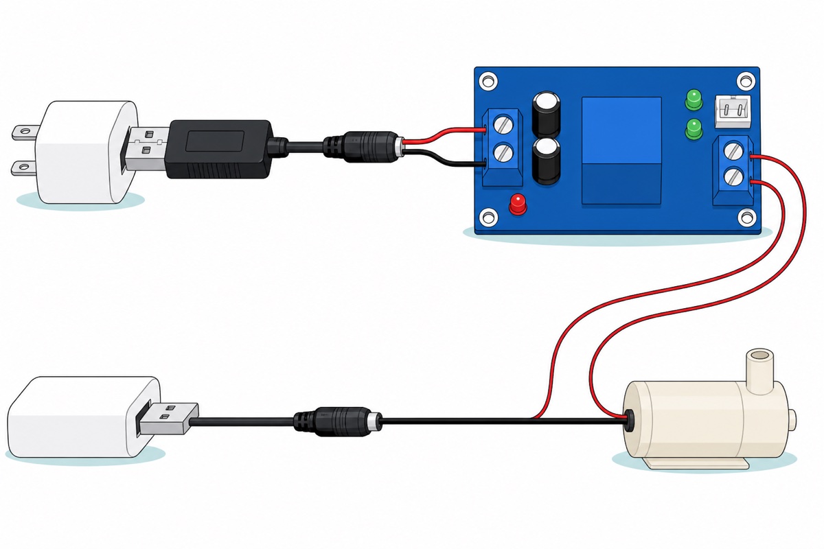 Cartoon of two separate power paths: a white USB charger feeding a black cable with an inline converter block into a blue relay controller board, and a white power bank feeding a plain black cable to a cream-white submersible pump whose red lead is routed up through the board's output screw terminal
