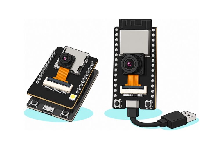 Cartoon of a small black ESP32-CAM board with a tiny camera stacked on a grey programmer shield with a micro-USB socket, next to a longer black ESP32-S3 camera board with a larger camera and a USB-C cable plugged in
